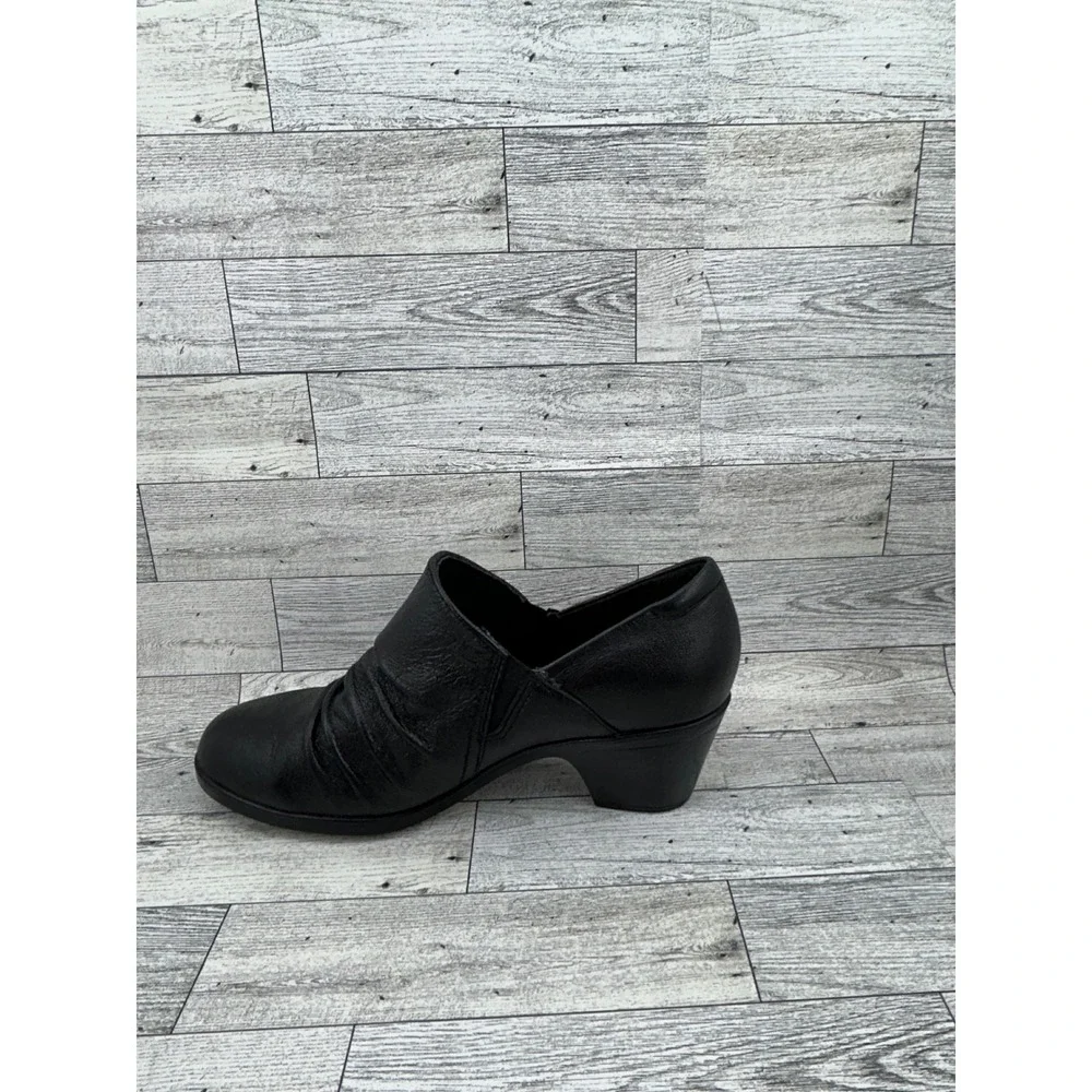 Clarks Collection Women Black Leather Ruched Shooties Block‎ Heel Size 8W