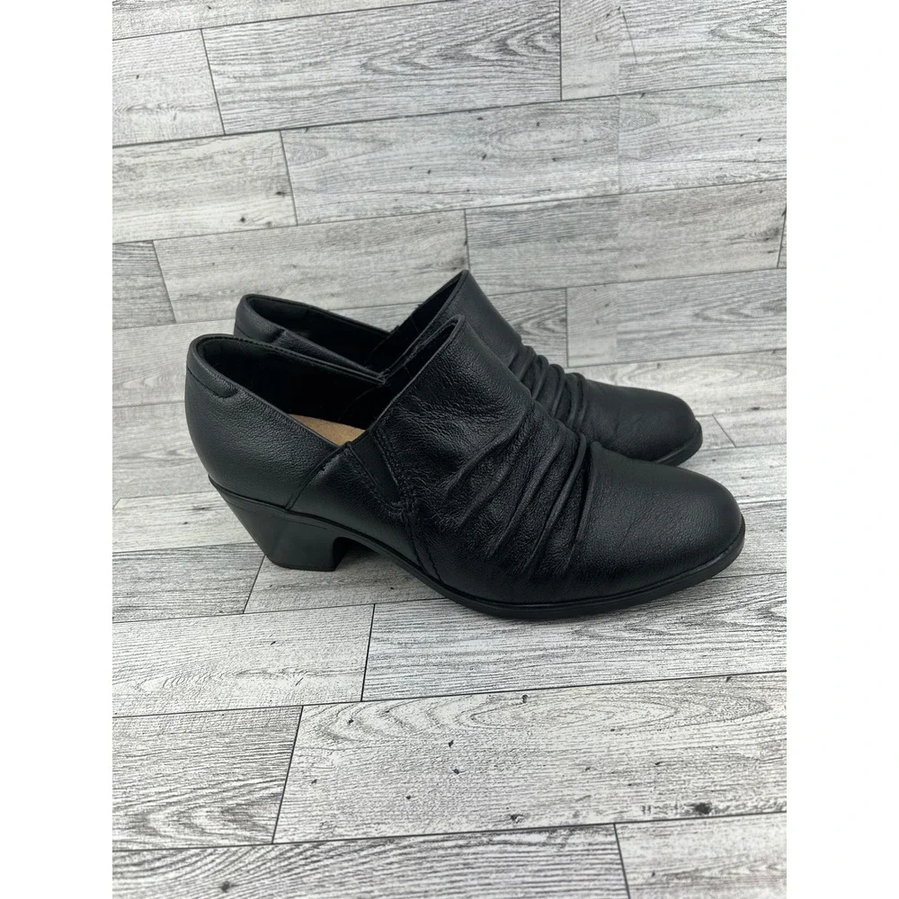 Clarks Collection Women Black Leather Ruched Shooties Block‎ Heel Size 8W