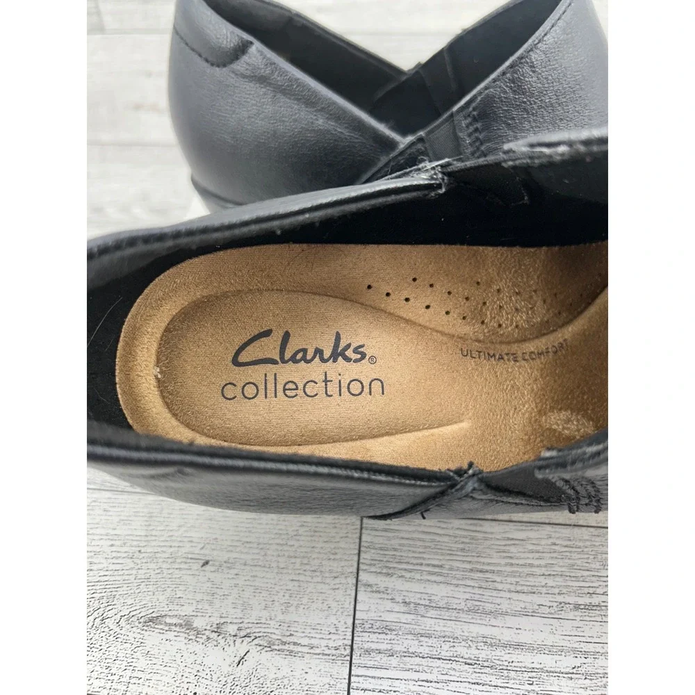Clarks Collection Women Black Leather Ruched Shooties Block‎ Heel Size 8W