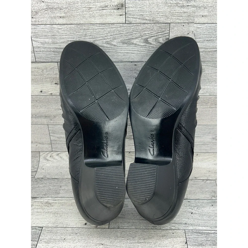 Clarks Collection Women Black Leather Ruched Shooties Block‎ Heel Size 8W