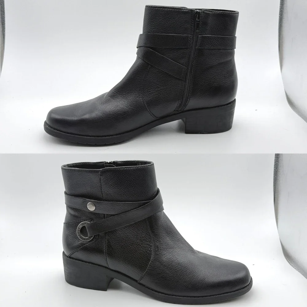 Anne Klein  Black‎ Leather Ankle Boots Womens 8M Low Block Heel Zip Bootie