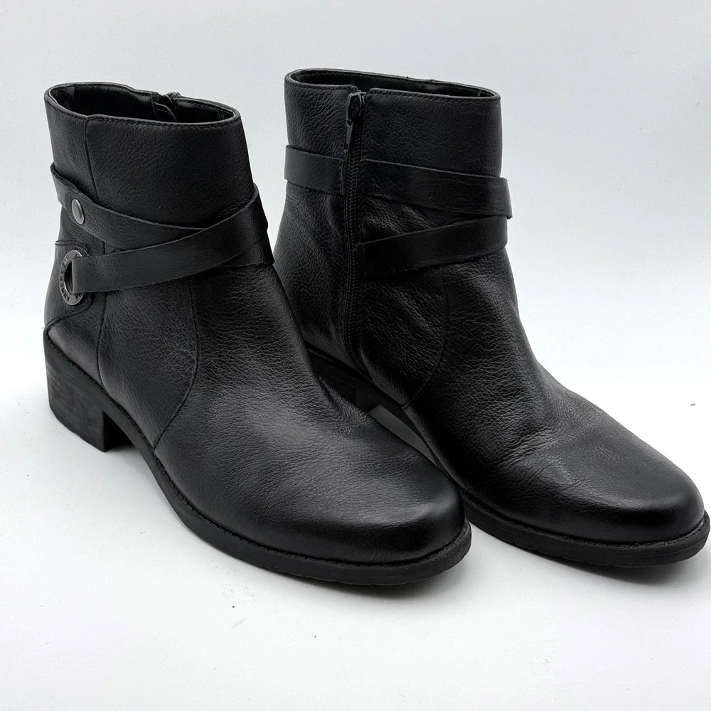 Anne Klein  Black‎ Leather Ankle Boots Womens 8M Low Block Heel Zip Bootie