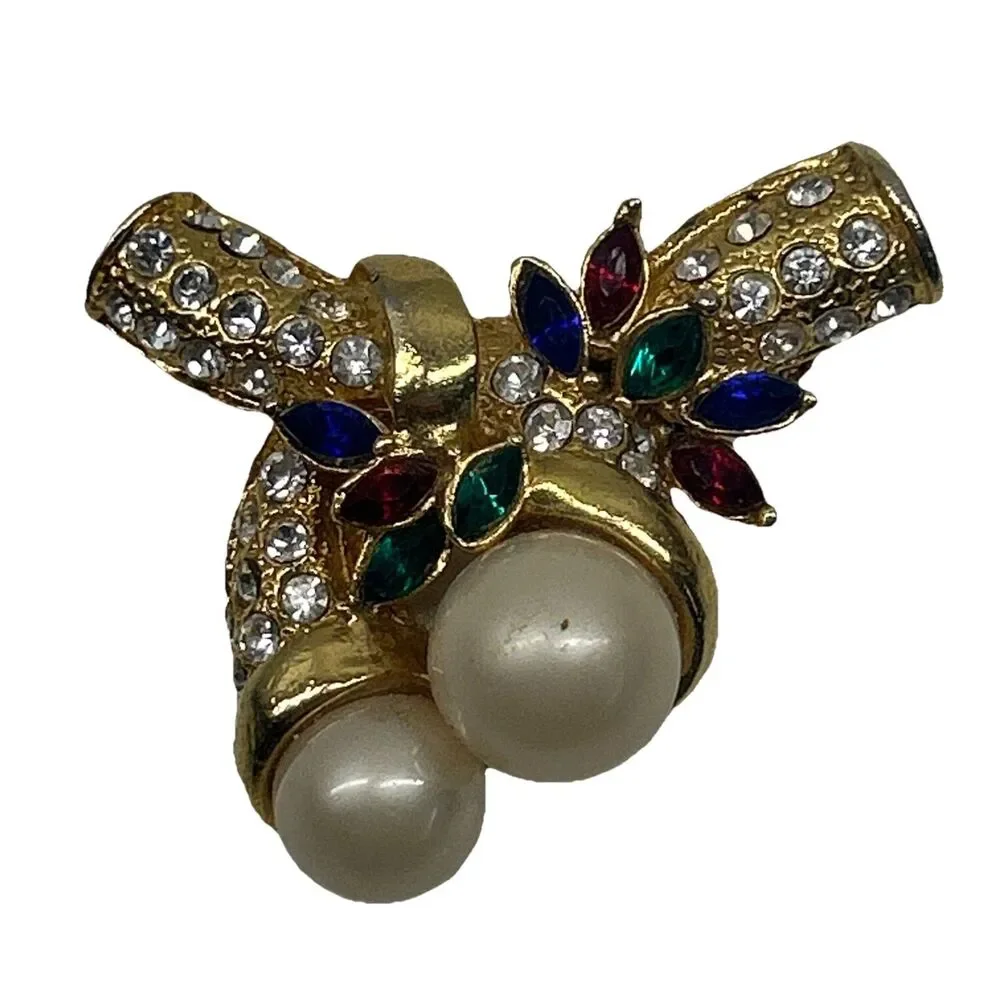 Vintage Gold Tone Rhinestone And Faux‎ Pearl Bow Dress Clip