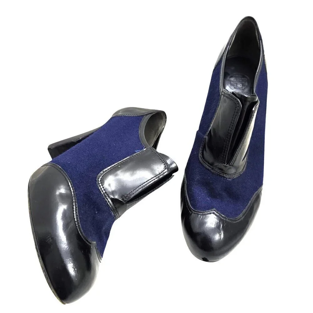 Tory Burch Ankle Wingtip Bootie Heels Navy Blue and Black