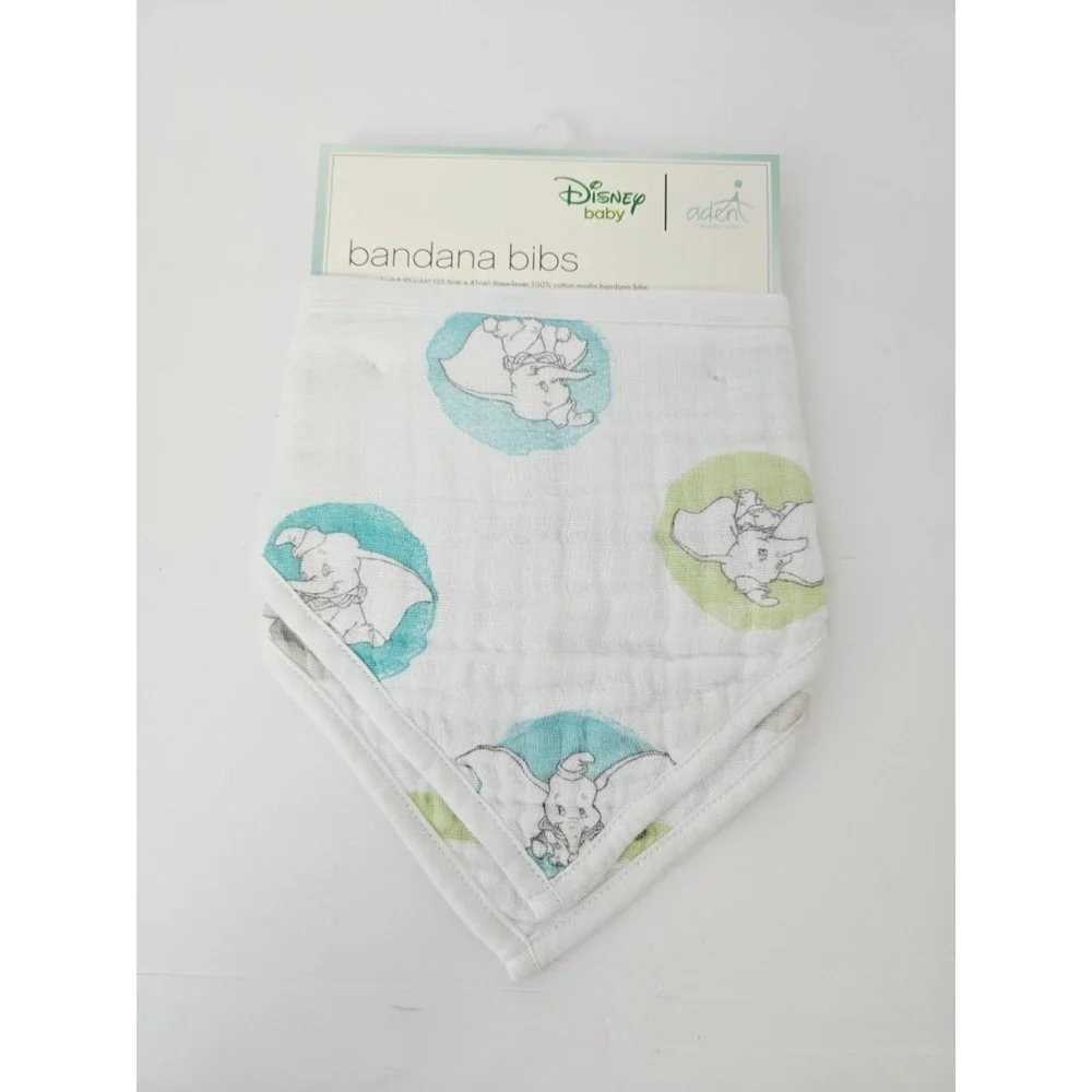 NWT Aden + And Anais Disney Baby Dumbo‎ Elephant 2 PK Cotton Muslin Snap Bibs