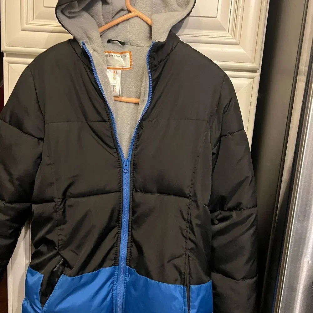 Operation Warm Boys Puffer Parka Coat Fleece Hood Jacket Black Blue 14 16 XL EUC