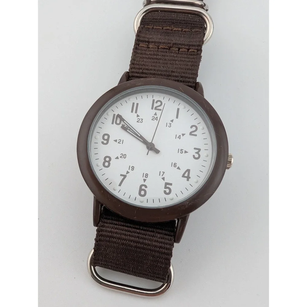 Xhilaration Watch Men 41mm Case Military Time Brown Canvas Strap-‎ New Battery