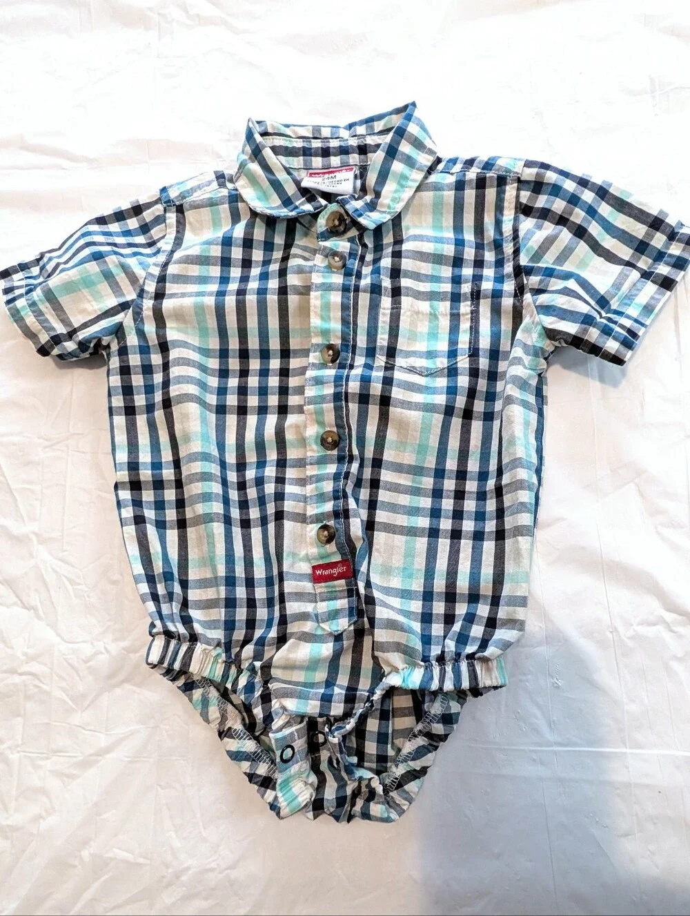 Wrangler Blue Plaid Cotton Woven Collared One-Piece Bodysuit 24M Short Sleeve