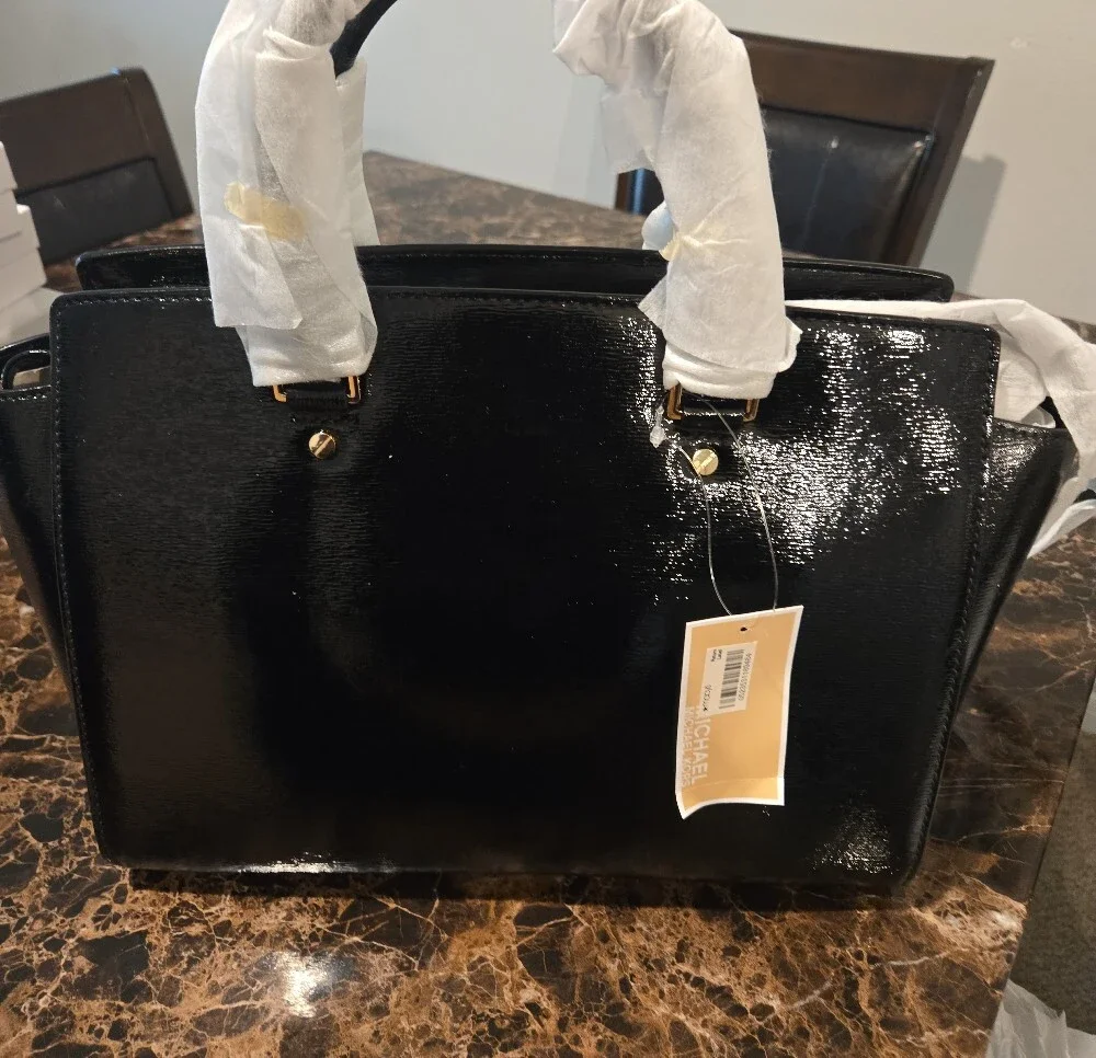 Michael Kors Black Patent Satchel with Gold Hardware