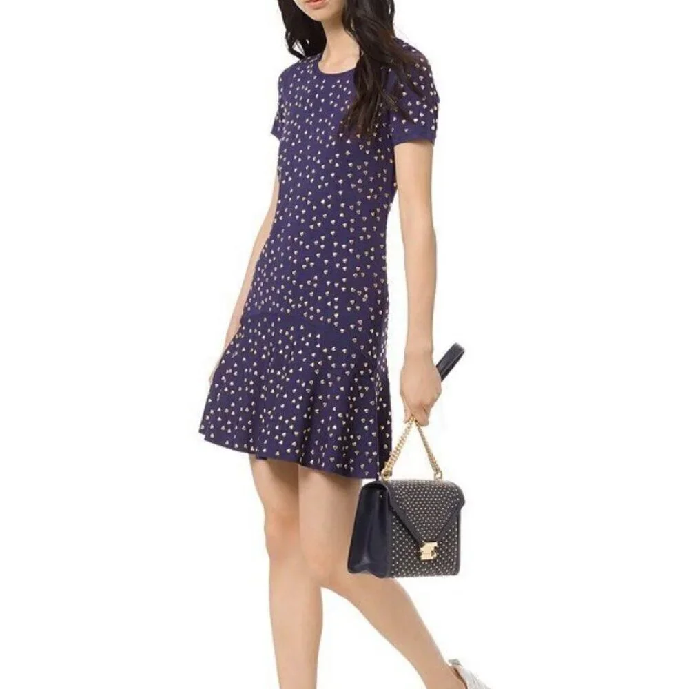 $350 MICHAEL KORS‎ Navy Knit Dress With Gold Heart Studs Size L 10- 12 NEW!