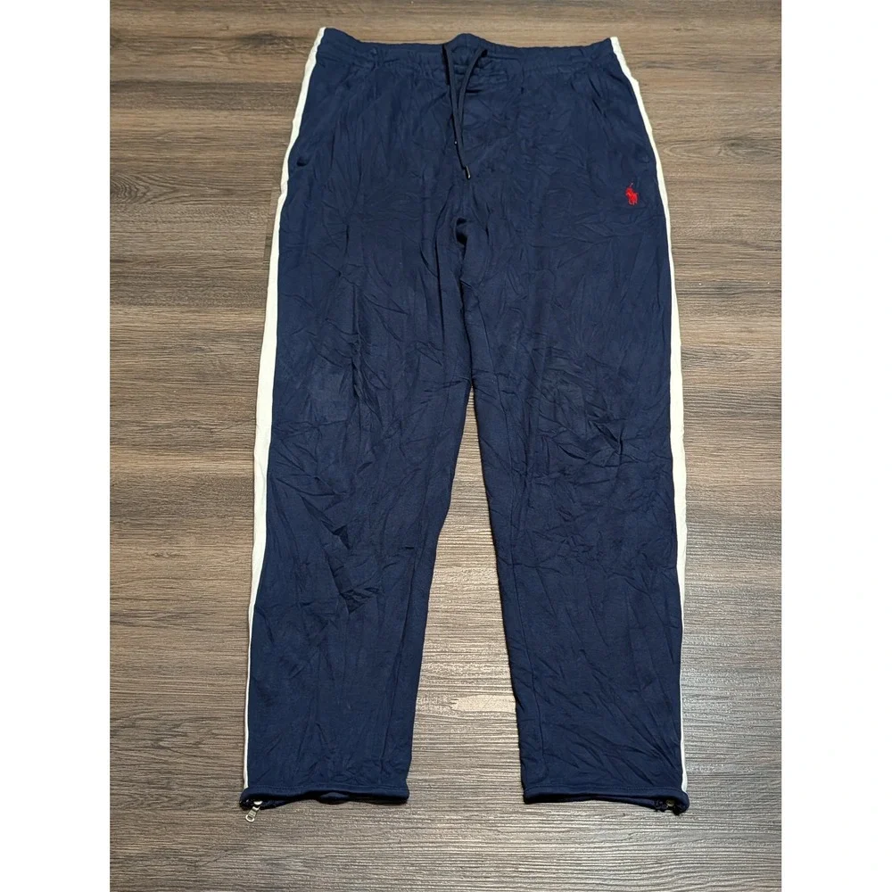Polo Ralph Lauren Mens Large Navy Blue Track Pants White Stripe Zipper Cuffs