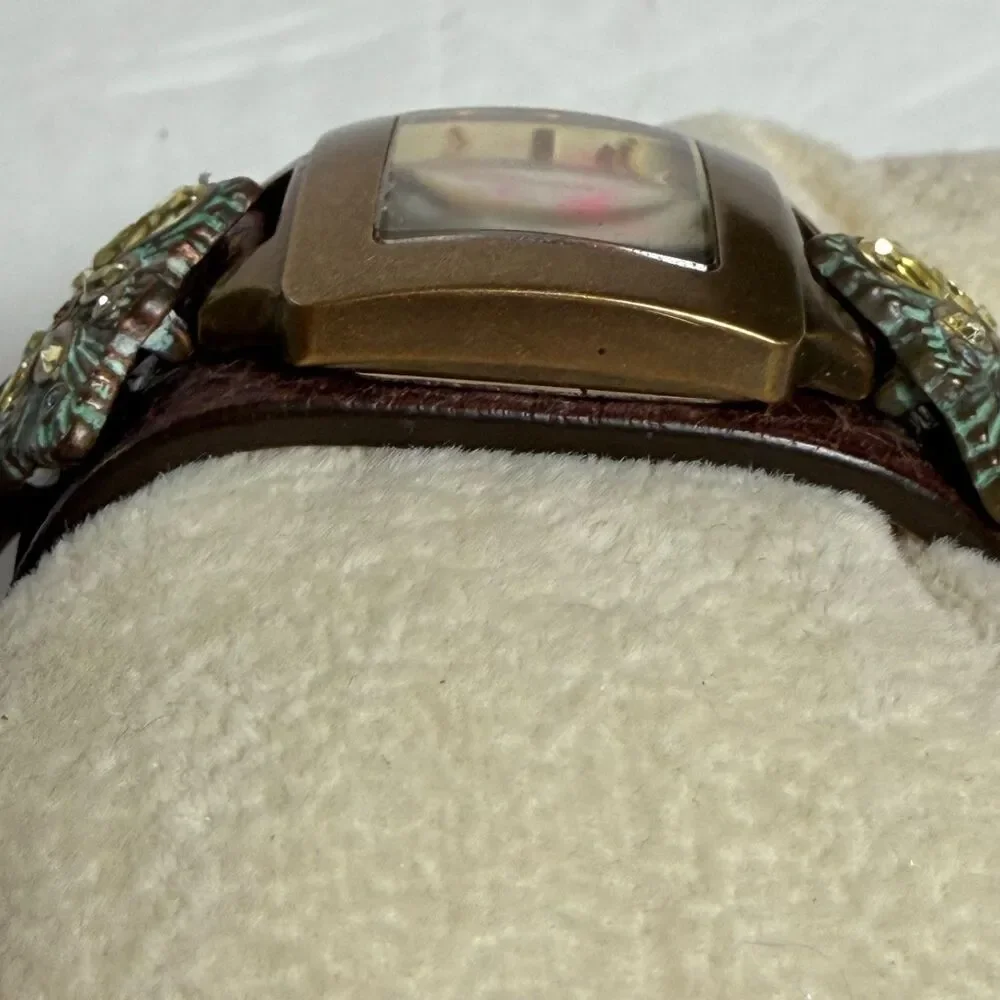 Vintage Fossil JR-8835 Brown Leather Cuff Watch Southwestern Rhinestone AS IS