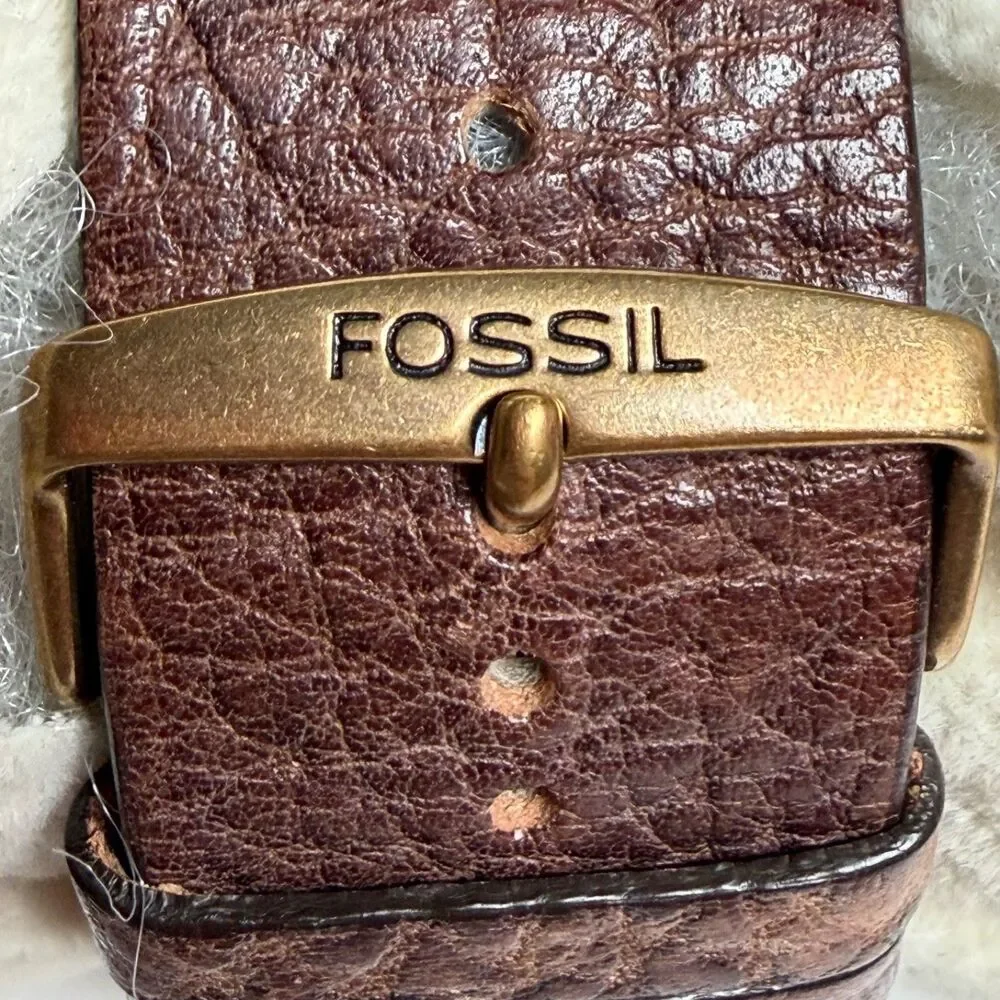 Vintage Fossil JR-8835 Brown Leather Cuff Watch Southwestern Rhinestone AS IS