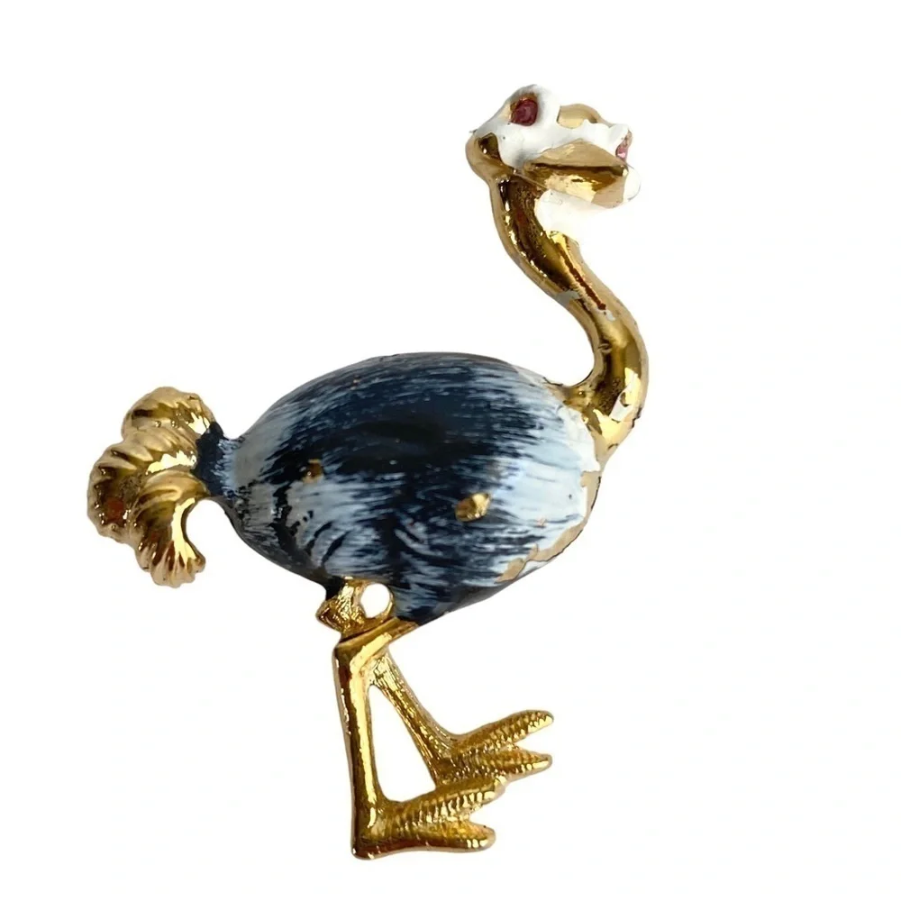 Vintage 60s Gerrys Ostrich Brooch Figural Bird Pin Gold Tone Pink Rhinestone‎