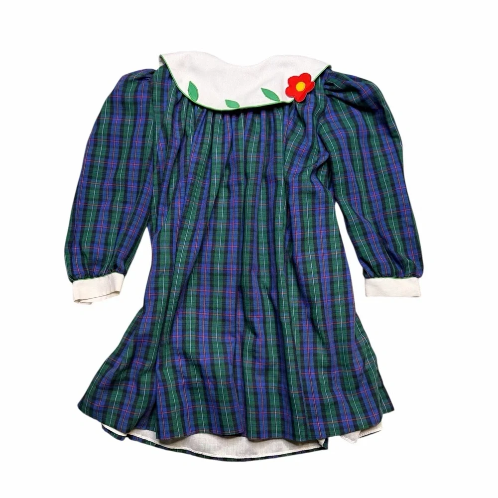 🎀 Vintage Youngland‎ Plaid Dress w/ Flower Collar 🌸 Size Approx 6