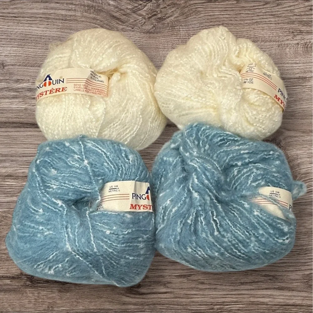 4 Vintage Pingouin Mystere Mohair Wool Blend FluffyYarn 2 Cream 2‎ Blue