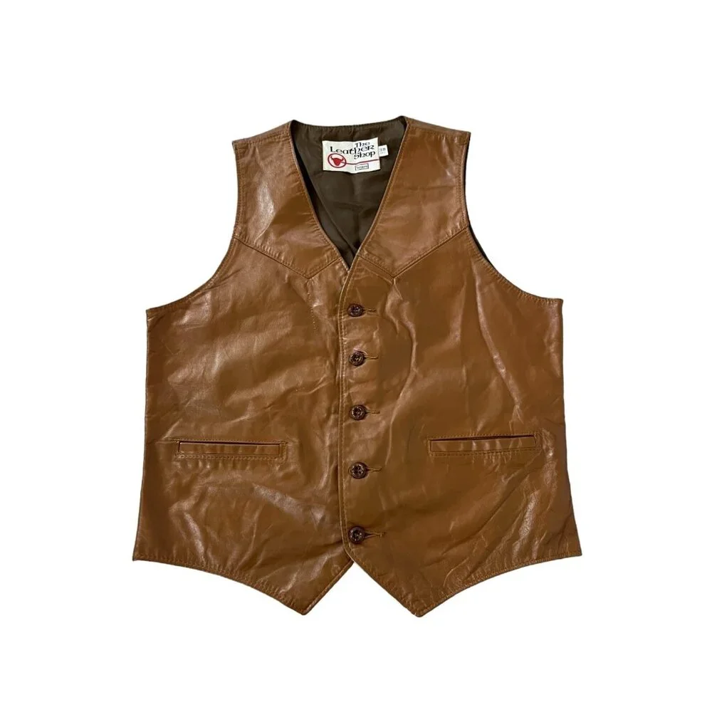 The Leather Shop Sears Mens Vest Brown 38 V Neck Classic Fit Pockets VINTAGE 70S