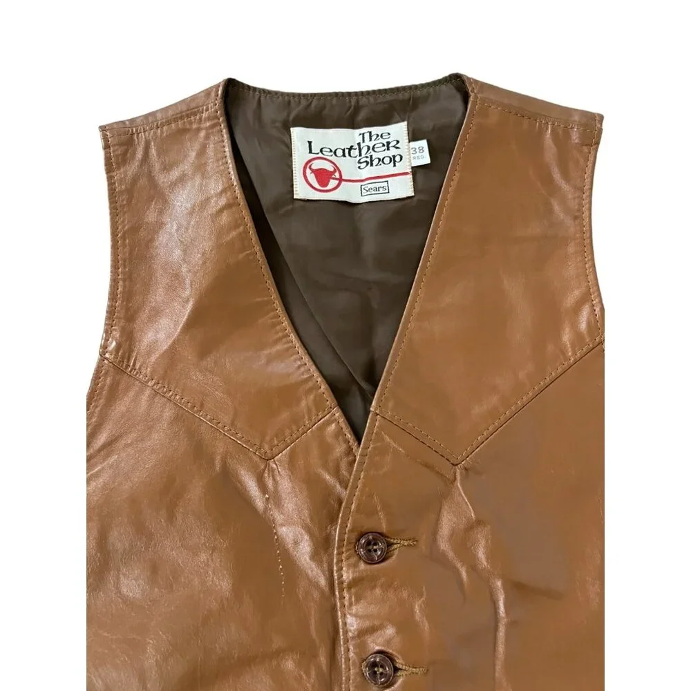 The Leather Shop Sears Mens Vest Brown 38 V Neck Classic Fit Pockets VINTAGE 70S