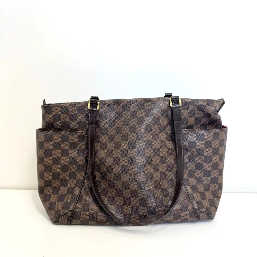 Louis Vuitton Damier Ebene Totally MM Tote Shoulder Bag Gold Zip Side Pockets LV