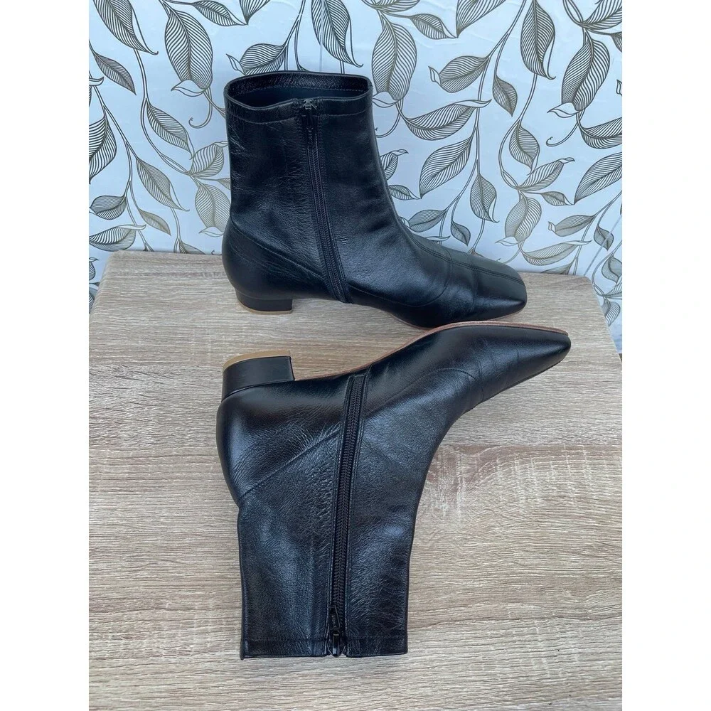 BY FAR Black Leather Boots 39 Minimalist Low Heel Square Toe Zip Ankle Boot