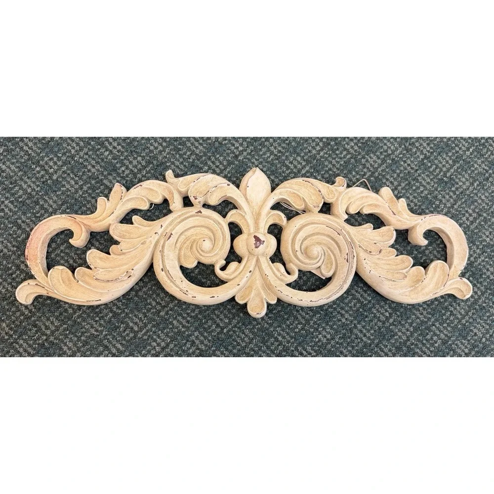 Vtg Cottage Core Ivory Wood Scroll Pediment Wall Decor Ornate Carved Applique