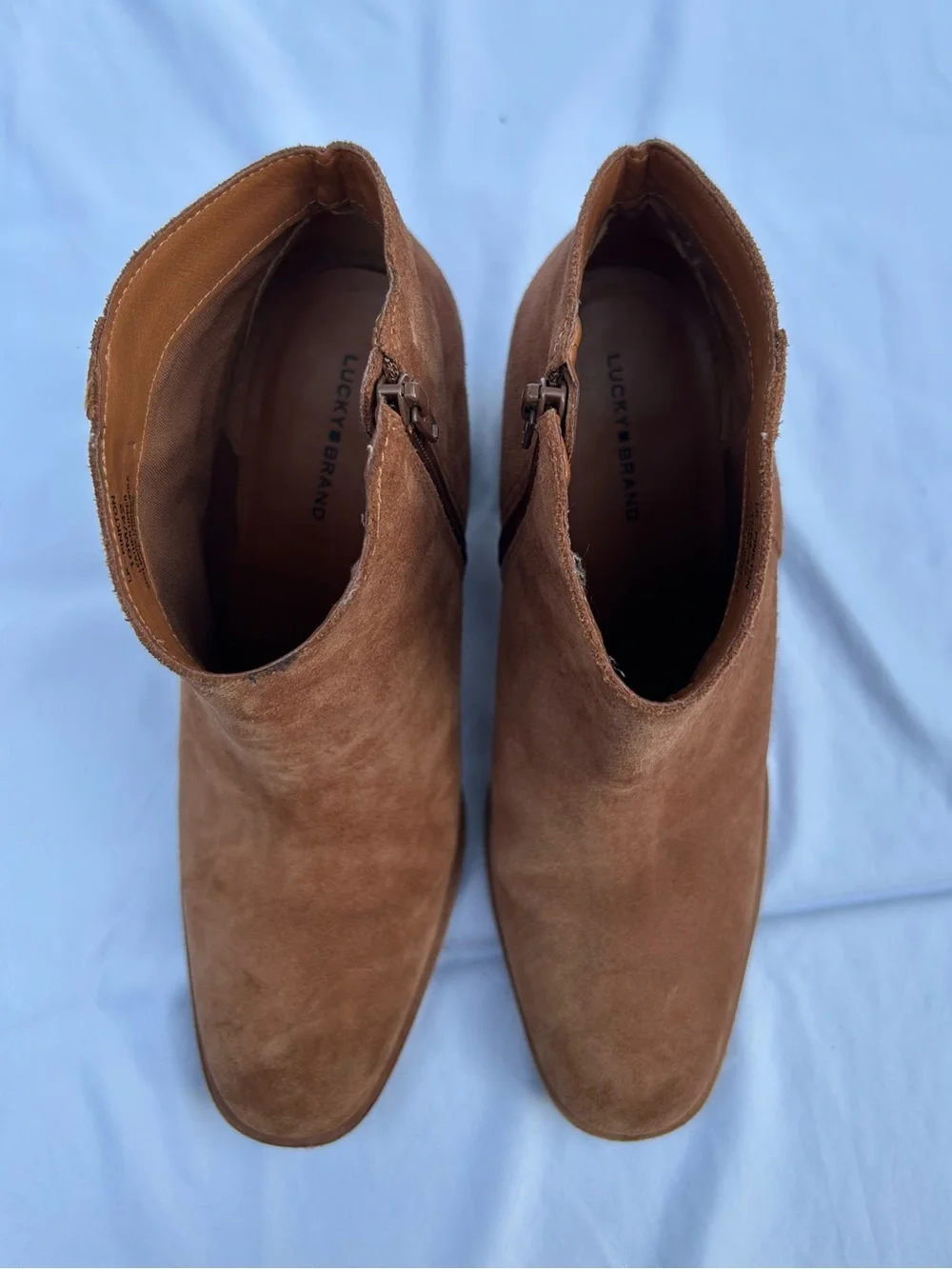 Lucky Brand Tan Suede Ankle Booties with Stacked Heel