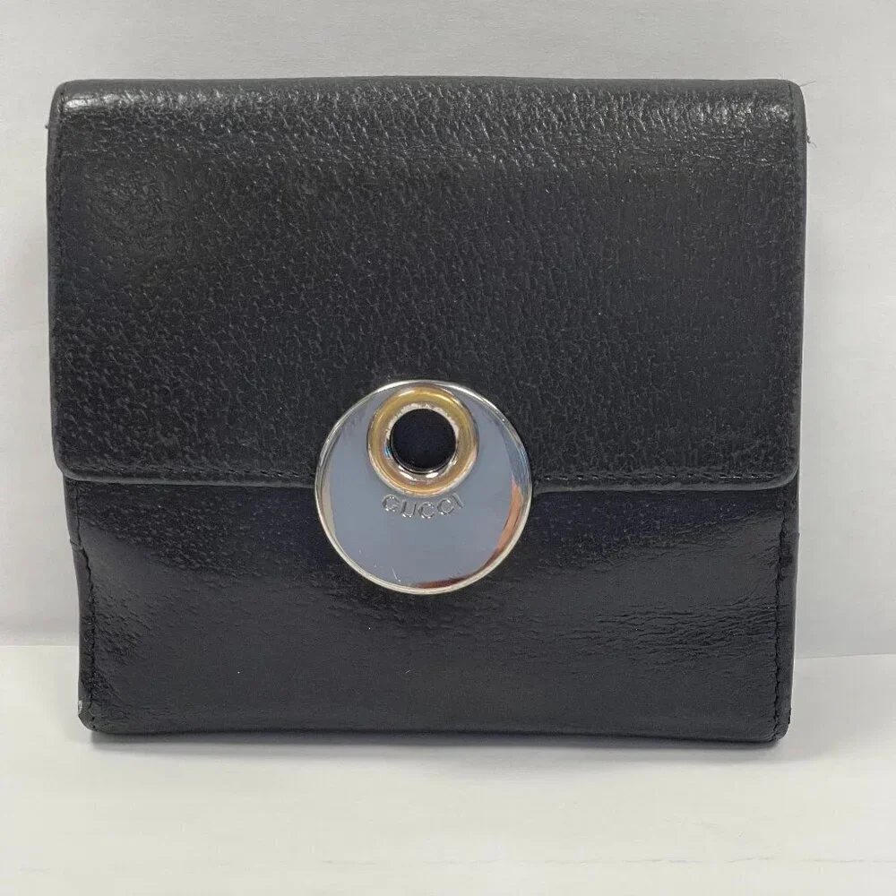 Gucci Eclipse Insignia Black Leather Compact Wallet - Preowned