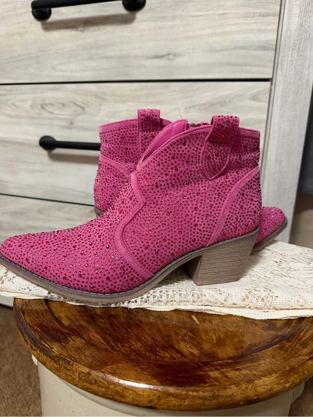 Pink Rhinestone Western Ankle Boots for Women