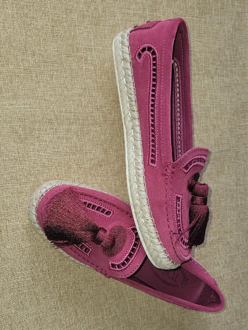 TOD'S Pink Suede Espadrille   Tassel Loafers