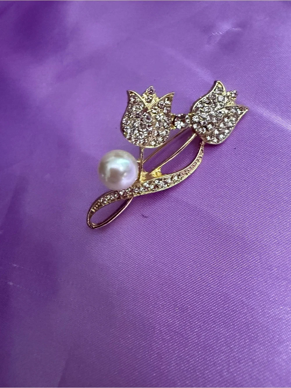Gold Tulip Pearl and Crystal Brooch - Women Jewelry