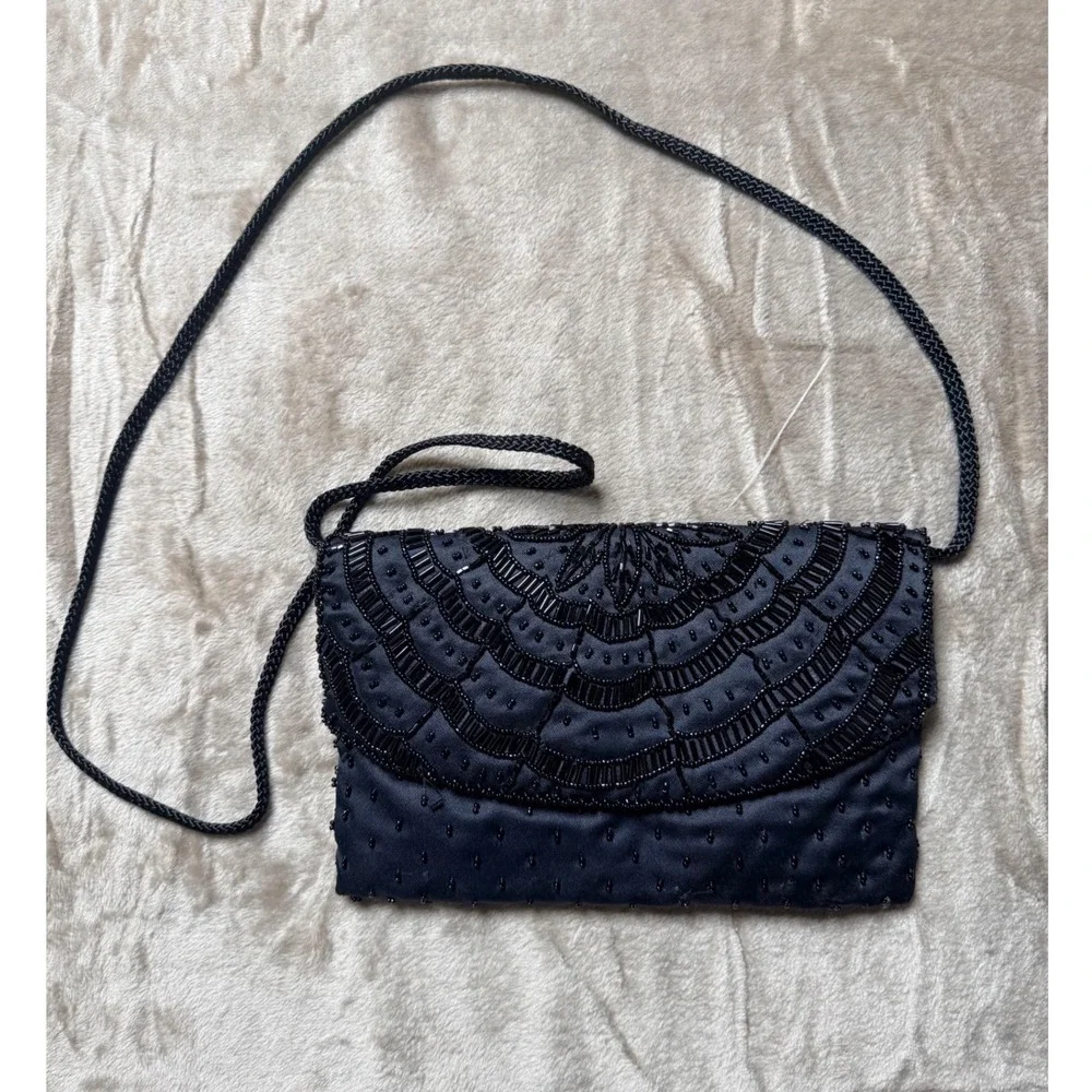 La Regale Ltd Vintage Black Beaded Satin Evening‎ Bag Crossbody Retro Whimsigoth