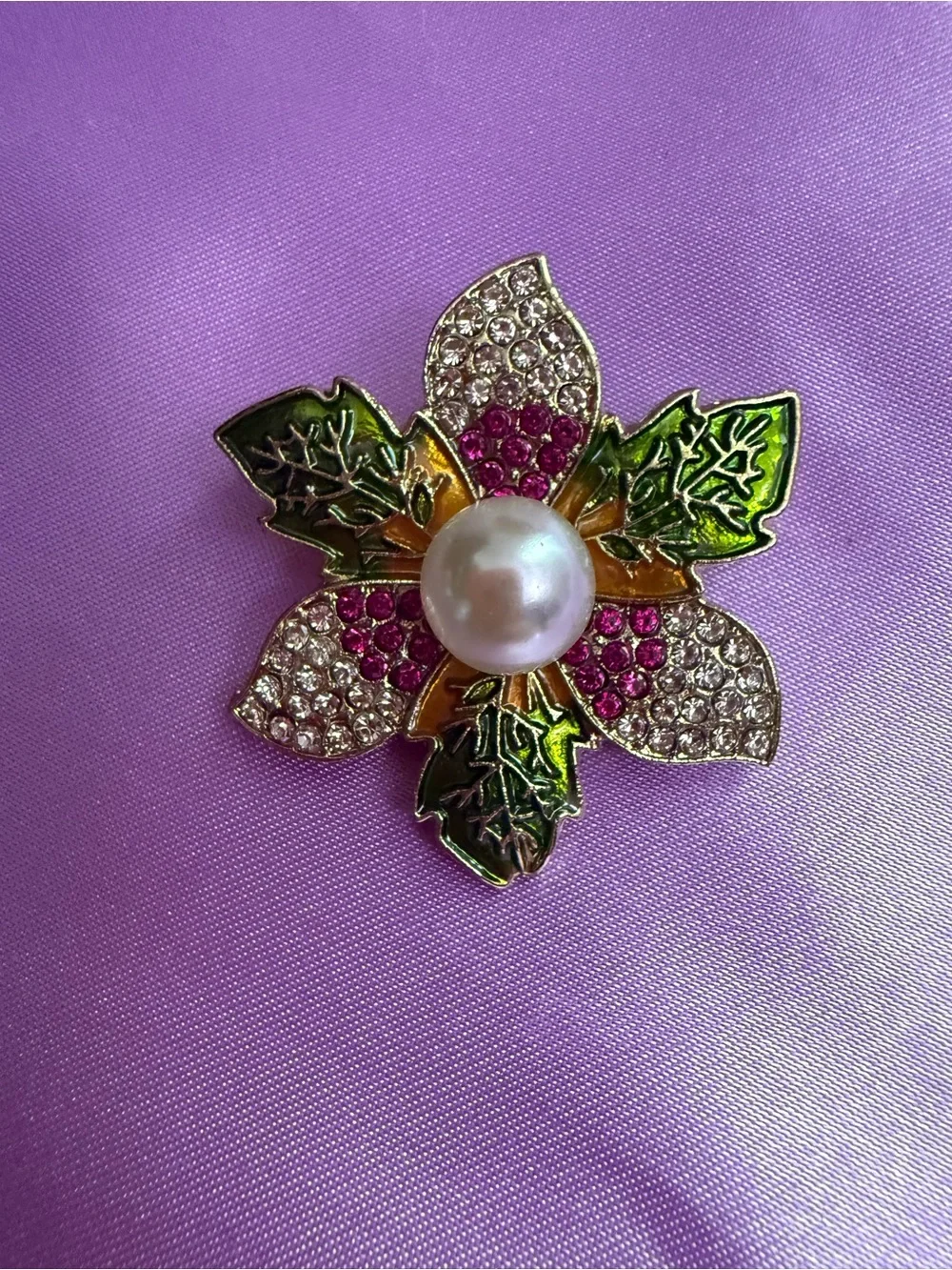 Floral Pearl & Crystal Brooch in Green, Pink and White