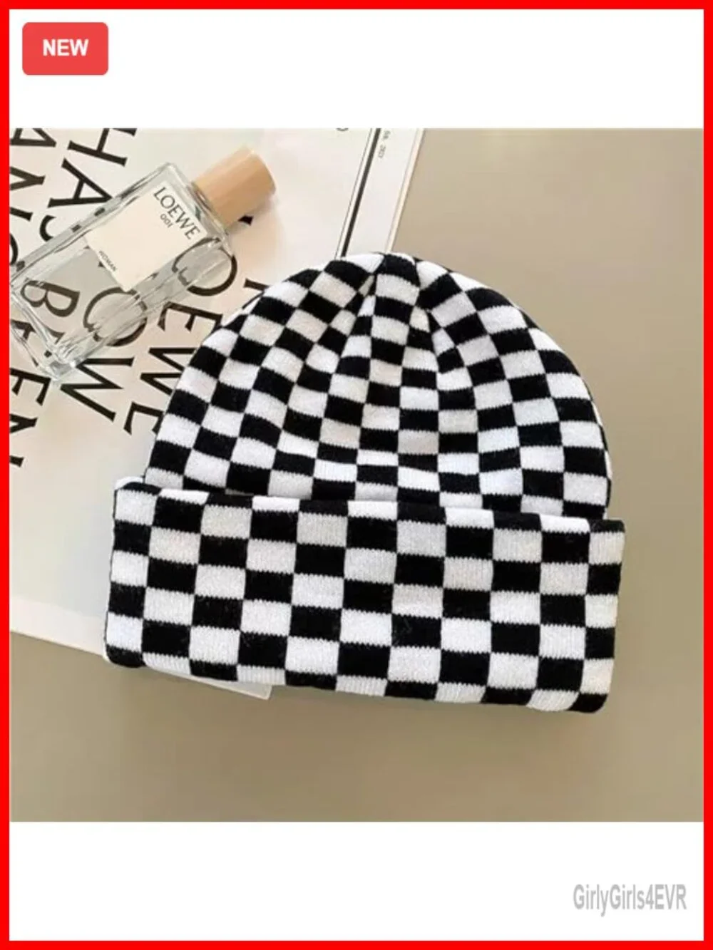 Checkered Print Slouchy Beanie - Soft Knit Skull Cap