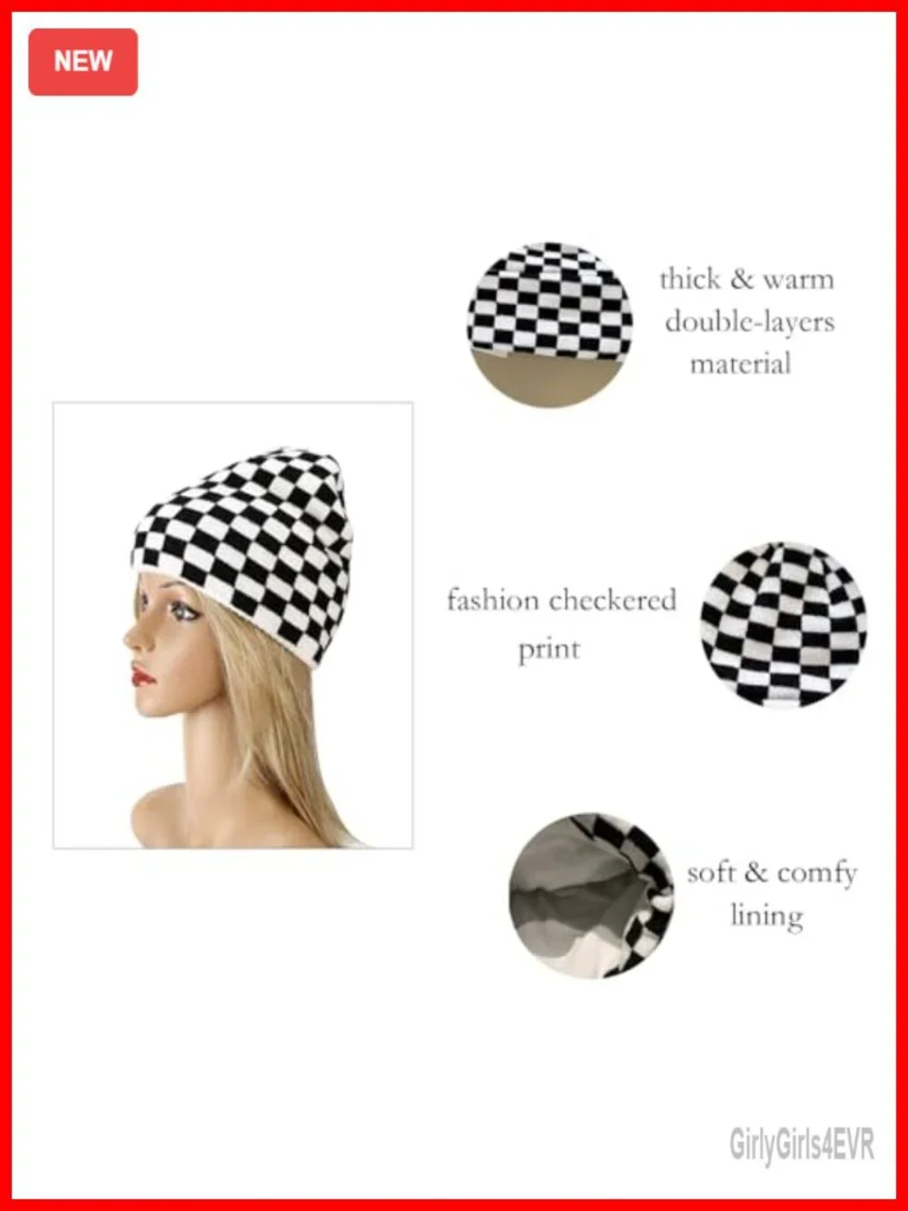 Checkered Print Slouchy Beanie - Soft Knit Skull Cap