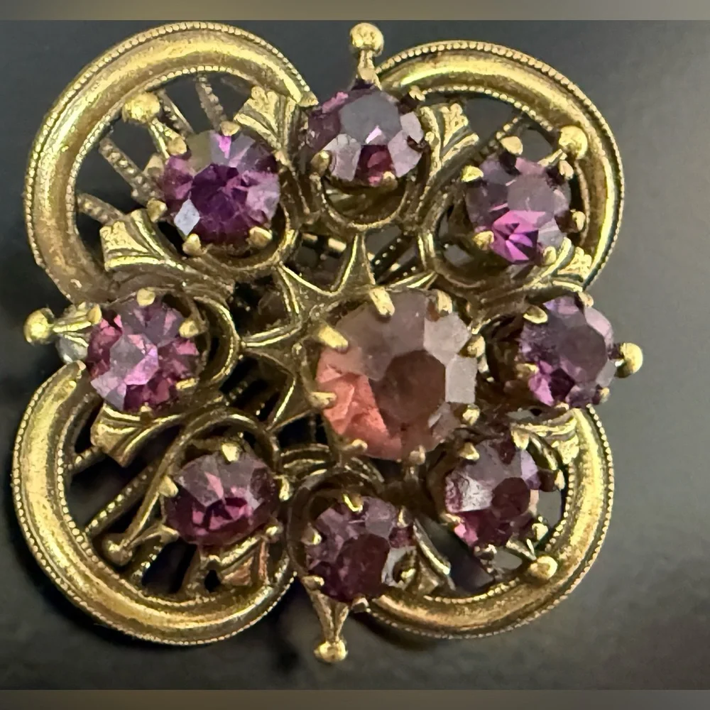 Vintage Coro Purple‎ Burgundy, Rhinestone Brooch Pin Jewelry  Signed Estate