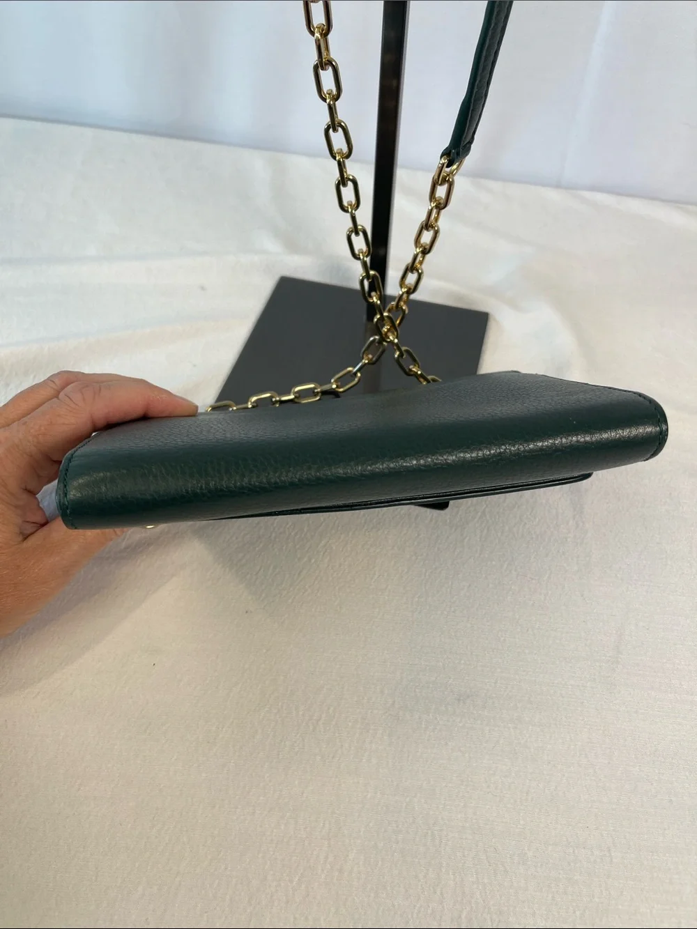 Tory Burch Britten Chain Wallet Crossbody Pebbled Leather Green Gold Authentic