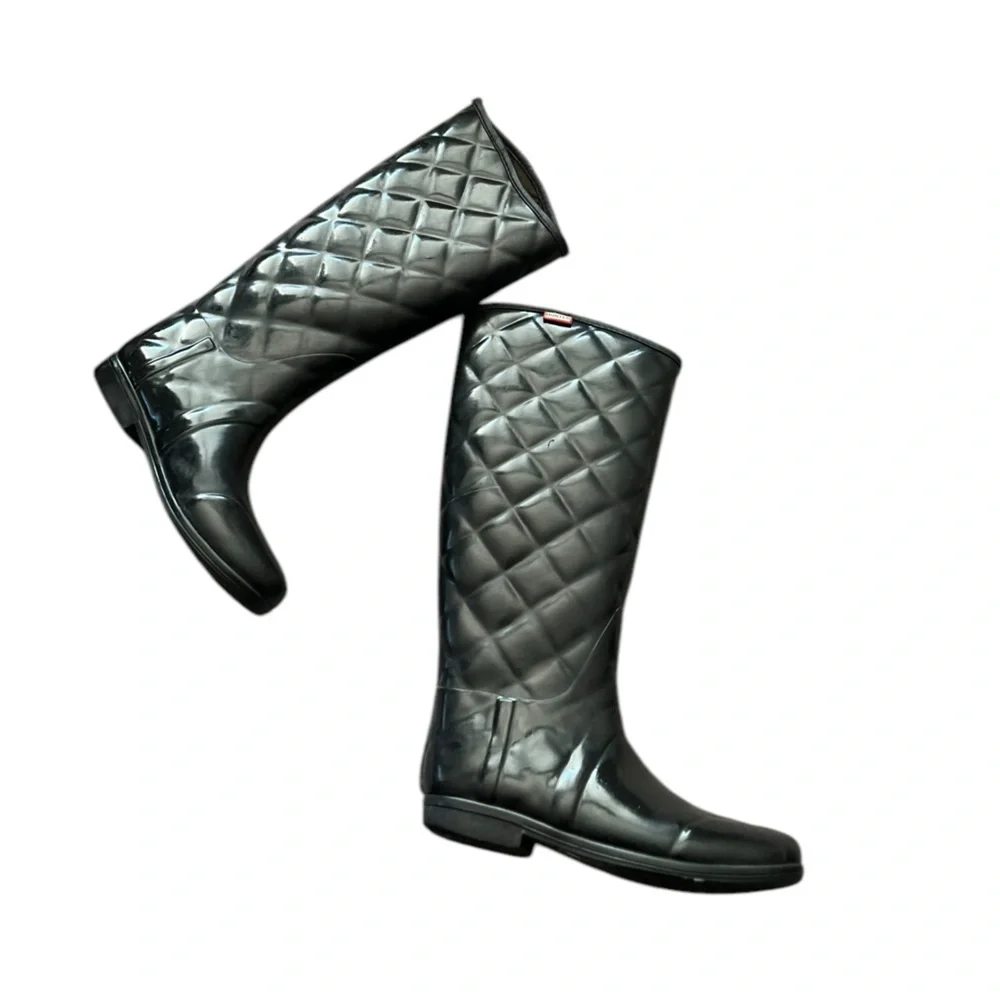 HUNTER Quilted Savoy Tall Pull On Black Refined Gloss Rain Boots