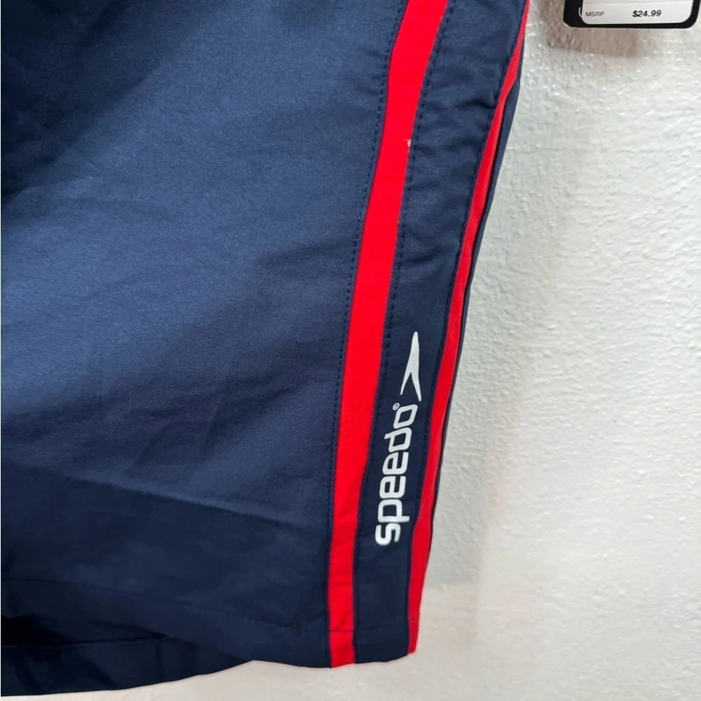Speedo Men's Swim Trunks Size XXL Navy Blue Red Side Stripe Mesh Lined
