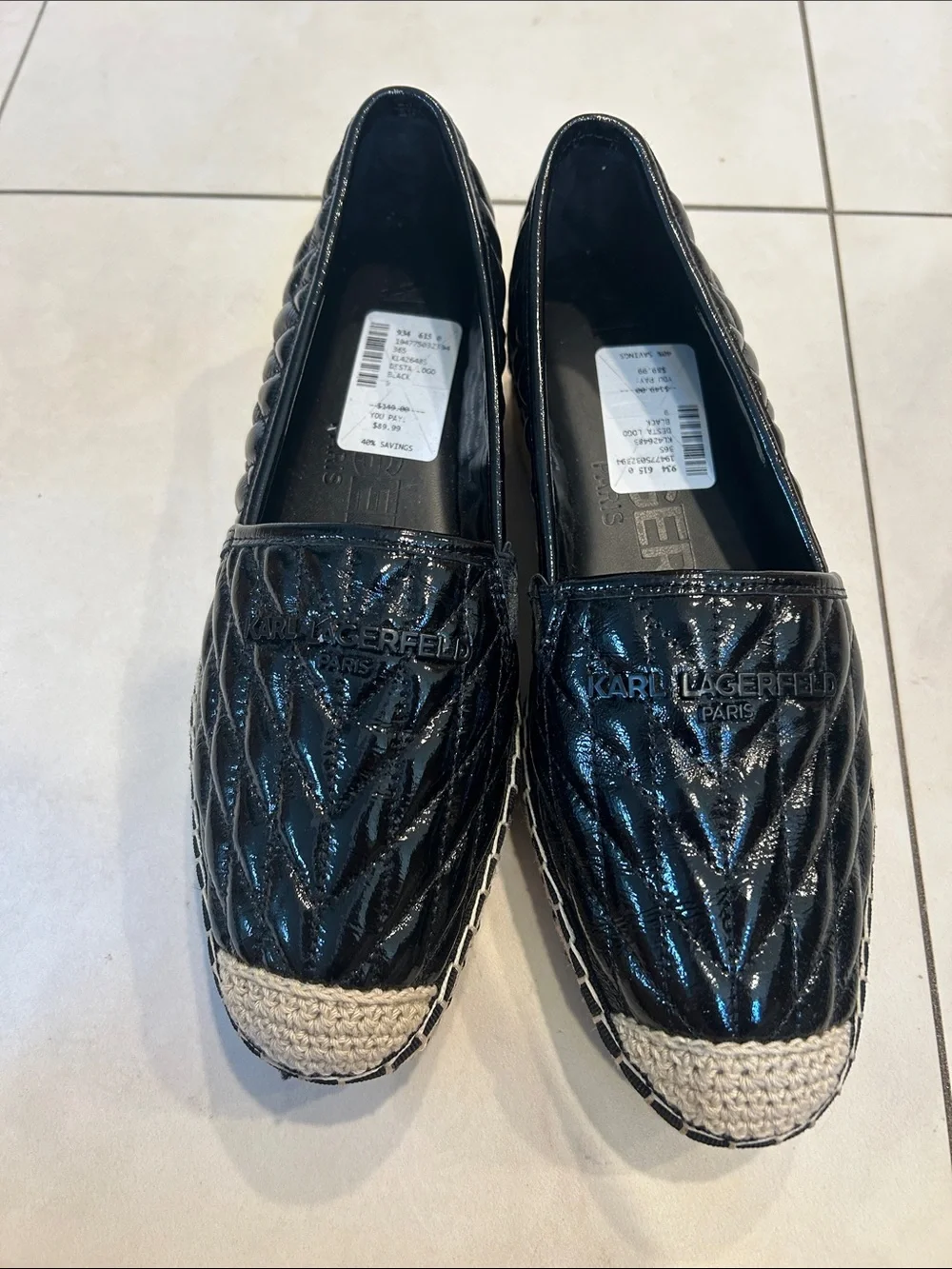 Karl Lagerfeld Black Quilted Patent Espadrilles with Woven Toe