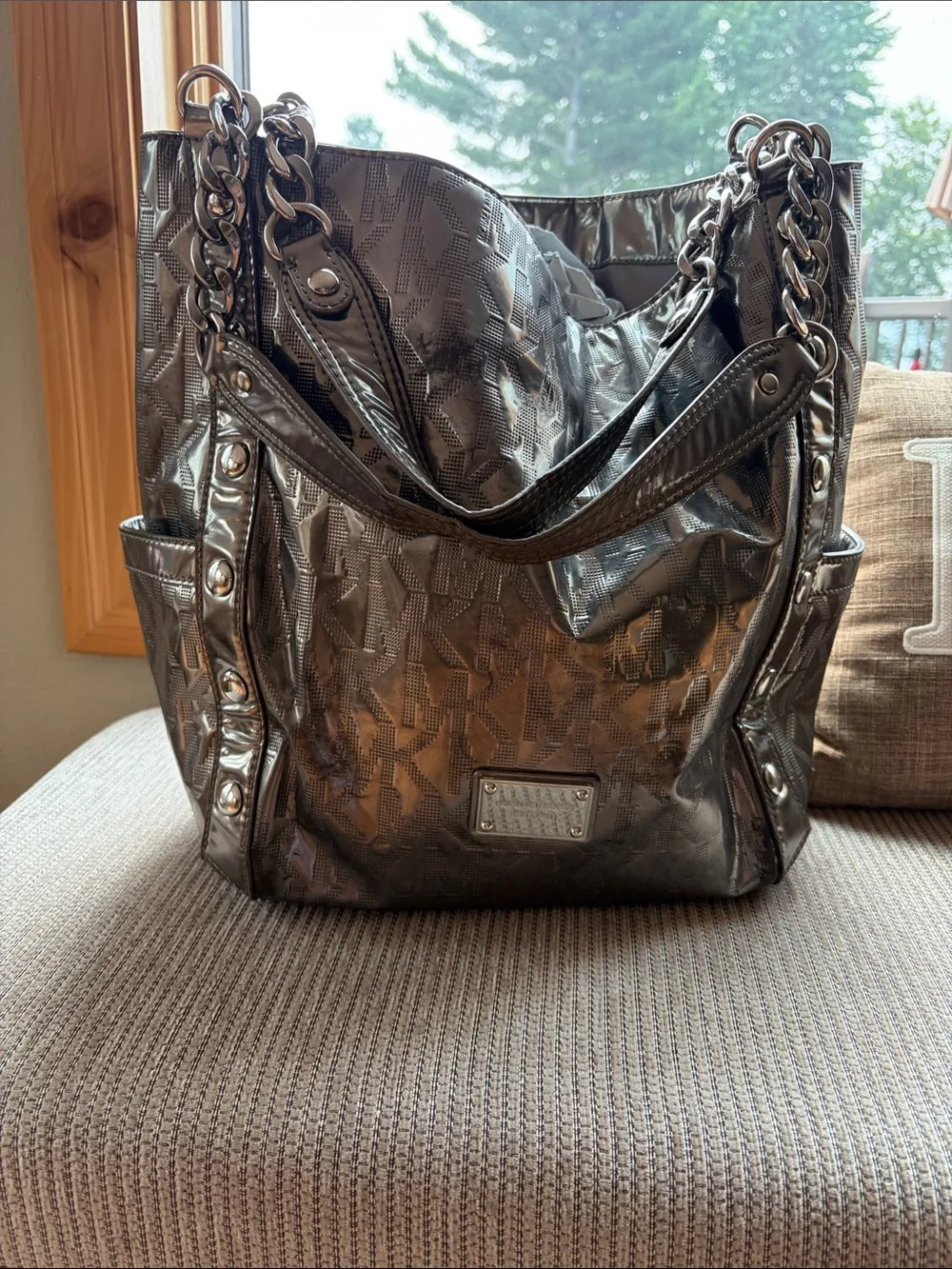 MICHAEL KORS Metallic Gunmetal Tote Bag with Chain Straps