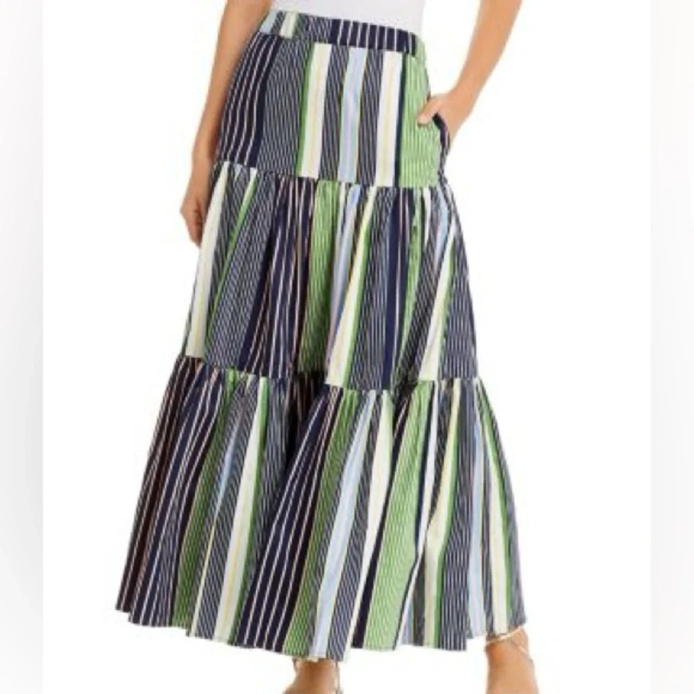 Tory Burch Multi-Colored Striped Maxi Skirt tiered style with pockets Large