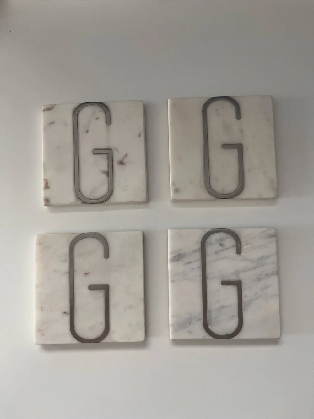 Set of 4 Crate&Barrel White Marble G monogram coasters NWT