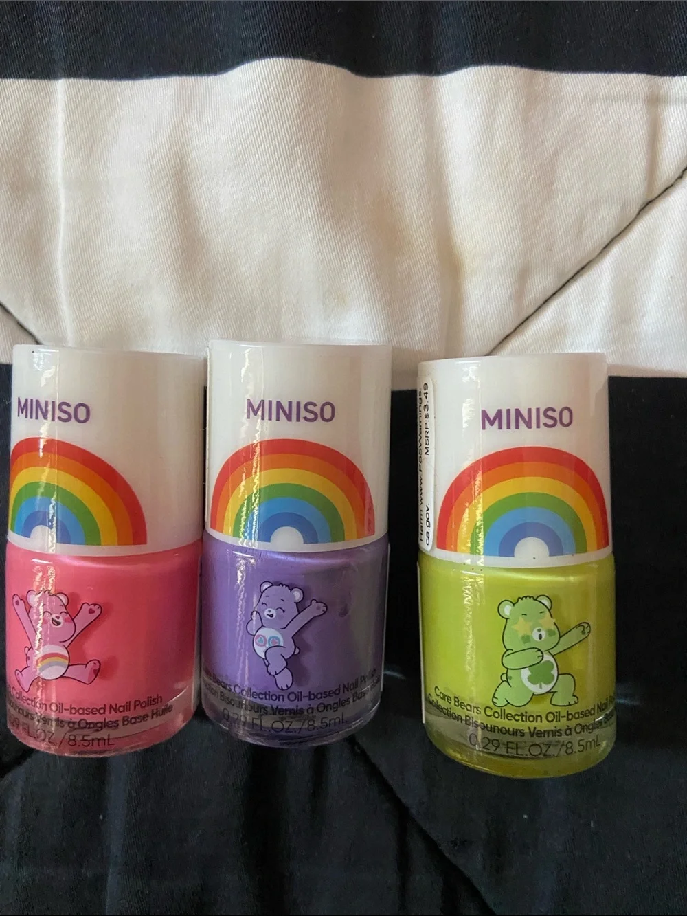 MINISO Care Bears Nail Polish Trio — Pink, Purple, Lime