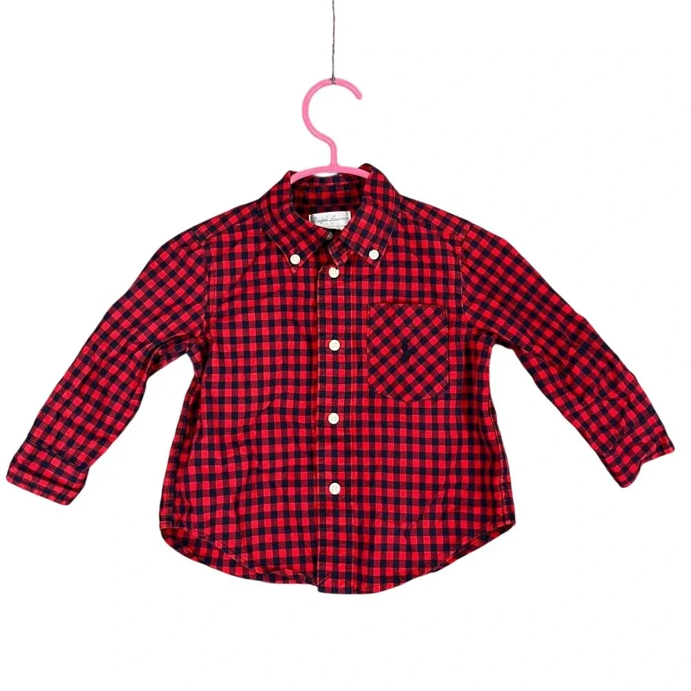Ralph Lauren Baby Boy Button‎ Up Dress Shirt 12 Months Red Plaid Cotton