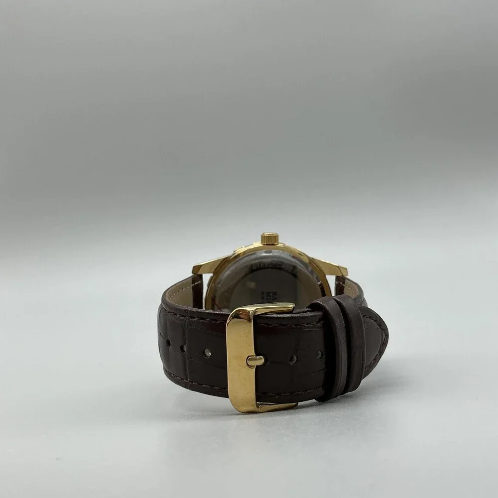 Badgley Mischka Mens Watch 44mm Brown Dial Date Gold Tone Leather Band