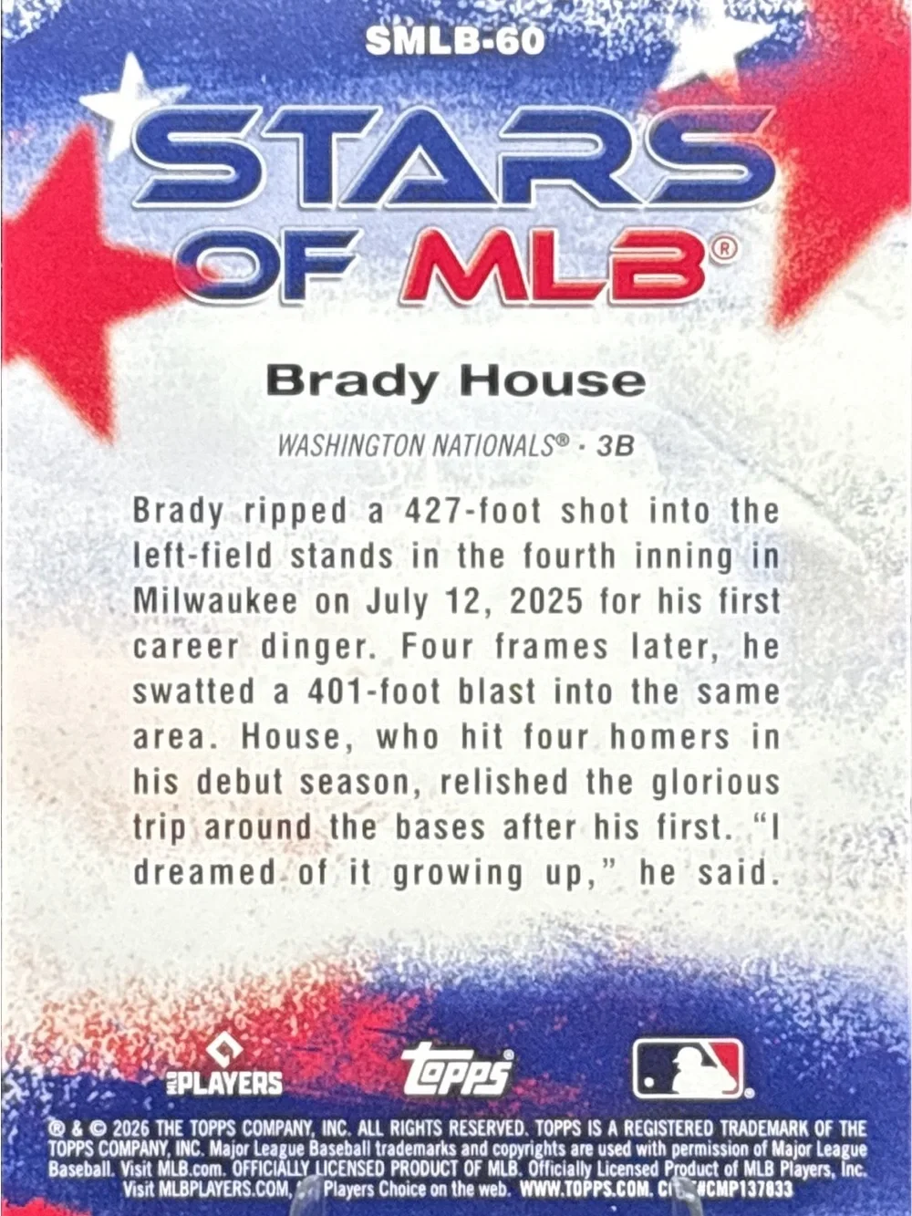 Topps Washington Nationals Brady House Rookie Baseball Card -Stars Of MLB