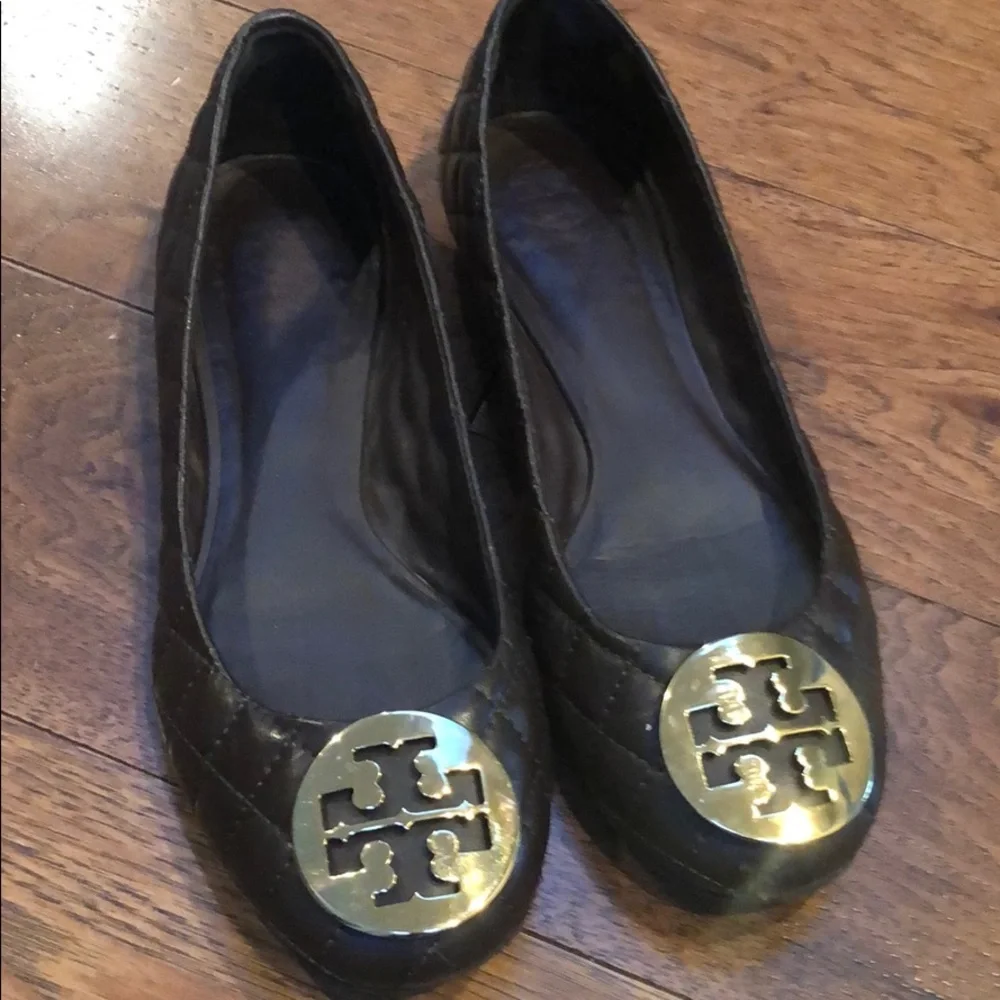 Tory Burch Black Quilted Leather Flats with Gold Logo Medallion