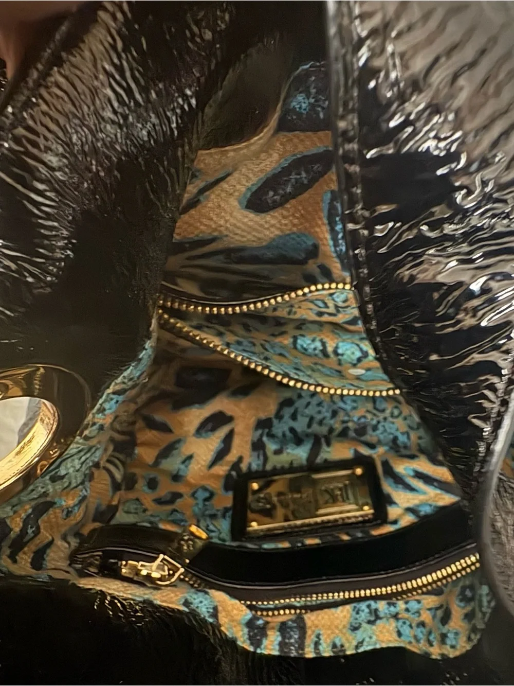 Black Patent Leather Hobo Bag with Gold Hardware