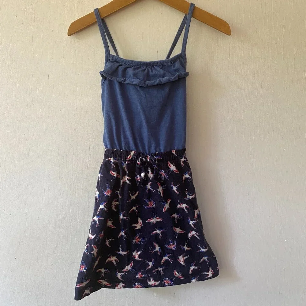 Hanna Andersson‎ Kids Dress Girls Size 6 Bird Print Denim Strappy