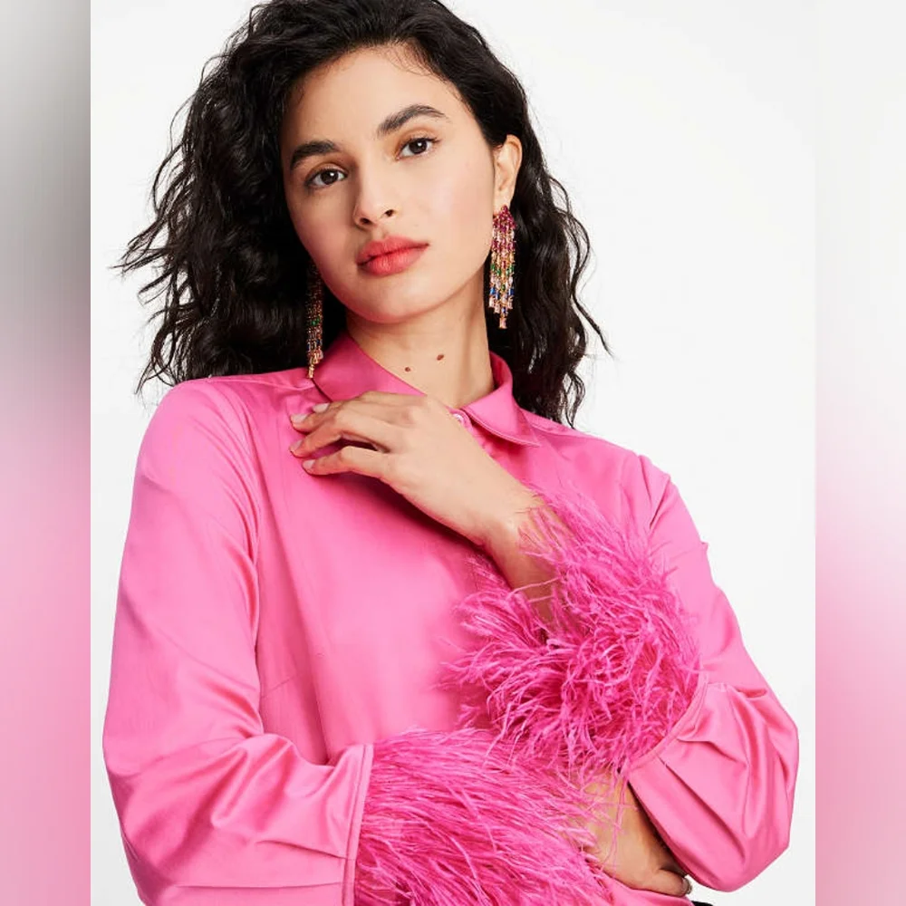 Feather Trim  Poplin Shirt in Vivid Snapdragon